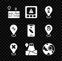 Set Broken road, Gps device error, Alcohol beer bar location, Location with cross mark, mountain, Magnifying glass globe, Car service and Compass mobile icon. Vector