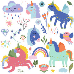 Cute colorful Unicorn with rainbow the tail, bird, cloud, flowers and head horse in cartoon style. Magical horses in different poses. Vector illustration.