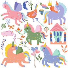 Cute colorful Unicorn with rainbow the tail, with cartoon house, bird, balloon and other. Fairy horses in different poses. Magical unicorns perfect for greeting cards, postcard, banner. Vector.