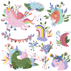 Magical colorful Unicorns with flowers, cloud, butterfly, rainbows and other. Fairy horses in different poses. Magical compositions unicorns perfect for greeting cards, postcard, banner. Vector.