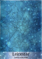 Christmas background, Chirstmas map of Leicester United Kingdom, greeting card on blue background.