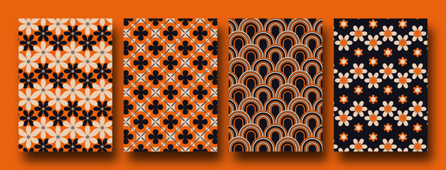 Vector set of Halloween Groovy hippie 70s backgrounds. Checkerboard, chess board, mesh, waves patterns. Twisted and distorted vector texture in trendy retro psychedelic style. Y2k aesthetic.