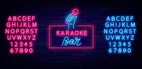 Karaoke bar neon label. Microphone in hand icon. Talent show. Shiny blue and pink alphabet. Vector stock illustration - obrazy, fototapety, plakaty
