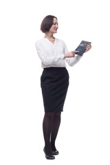 adult business woman with a calculator . isolated on a white background.