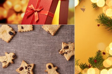 Obraz na płótnie Canvas A collage of Christmas cookies, fir branches and a red gift box. Christmas background with copy space. High quality photo