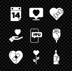 Set Calendar with February 14, Like and heart, Candy in shaped box, Healed broken, Heart flower, Champagne bottle, hand and Mobile icon. Vector