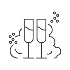 Icon of clean glasses in foam and bubbles from detergent. A simple line drawing of clean glass champagne glasses. Isolated vector on white background.