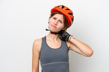 Young cyclist English woman isolated on white background having doubts