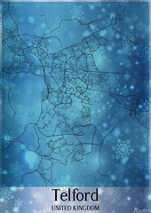 Christmas background, Chirstmas map of Telford United Kingdom, greeting card on blue background.