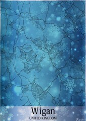 Christmas background, Chirstmas map of Wigan United Kingdom, greeting card on blue background.