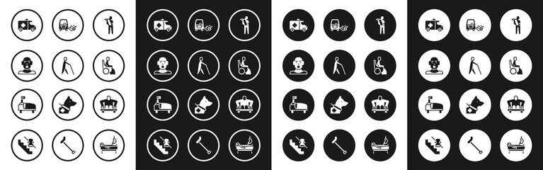 Set Human broken arm, Blind human holding stick, Head of deaf and dumb, Emergency car, Woman wheelchair, Disabled, Man without legs sitting and Hospital bed icon. Vector