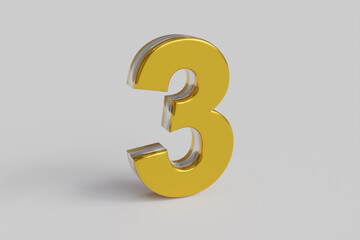 Letter number Three 3D render gold font with silver outline isolated white background. Clipping path