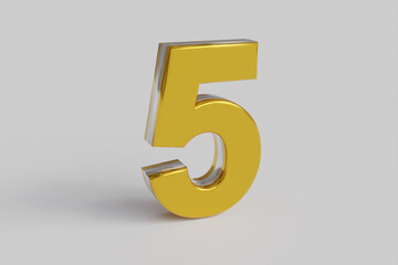 Letter number Five 3D render gold font with silver outline isolated white background. Clipping path