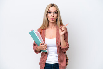 Pretty student blonde woman isolated on white background intending to realizes the solution while lifting a finger up