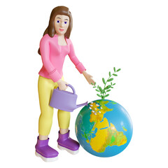 3d icon cartoon illustration of female character splashing water on the earth. Global warming Illustration.