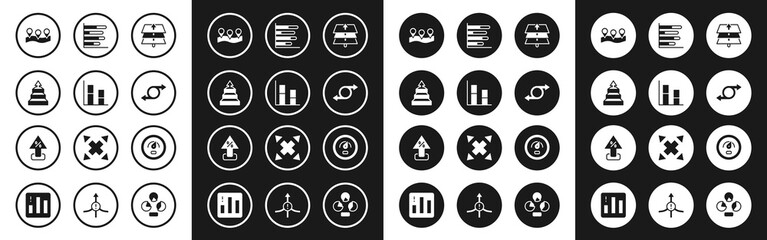 Set Layers, Graph, chart, diagram, Pyramid infographics, Location, Arrow, Pie, Digital speed meter and Percent up arrow icon. Vector