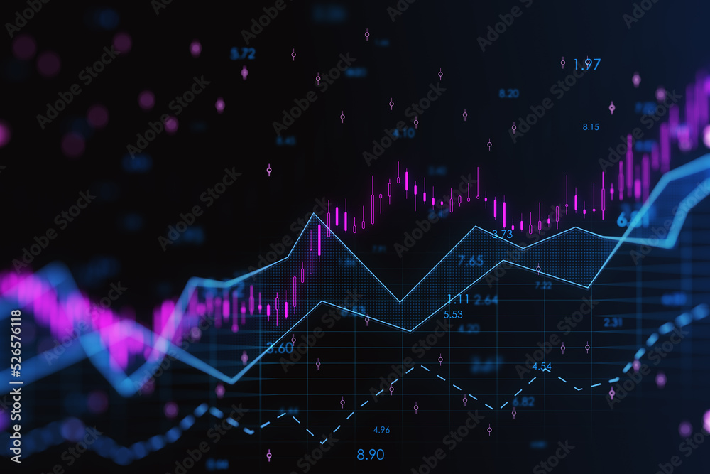 Poster Abstract glowing candlestick forex chart with index and grid on dark background. Invest, trade, finance ans stock market concept. 3D Rendering.