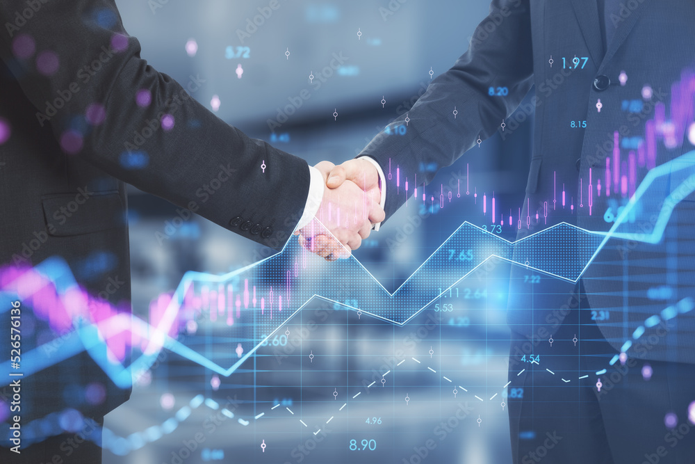Poster businessmen shaking hands with abstract glowing candlestick forex chart with index and grid on blurry office interior background. Invest, teamwork, trade, finance ans stock market concept. 