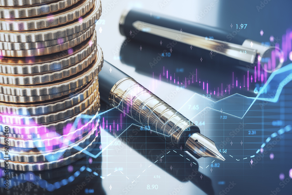 Poster stacked coins and pen with abstract glowing forex chart and arrows on index grid hologram, blurry ba