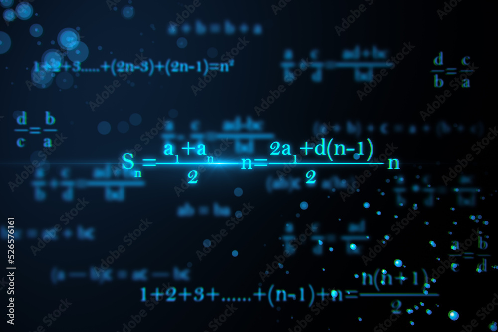 Wall mural glowing mathematical formulas on blue background. education, knowledge and statistics concept. 3d re