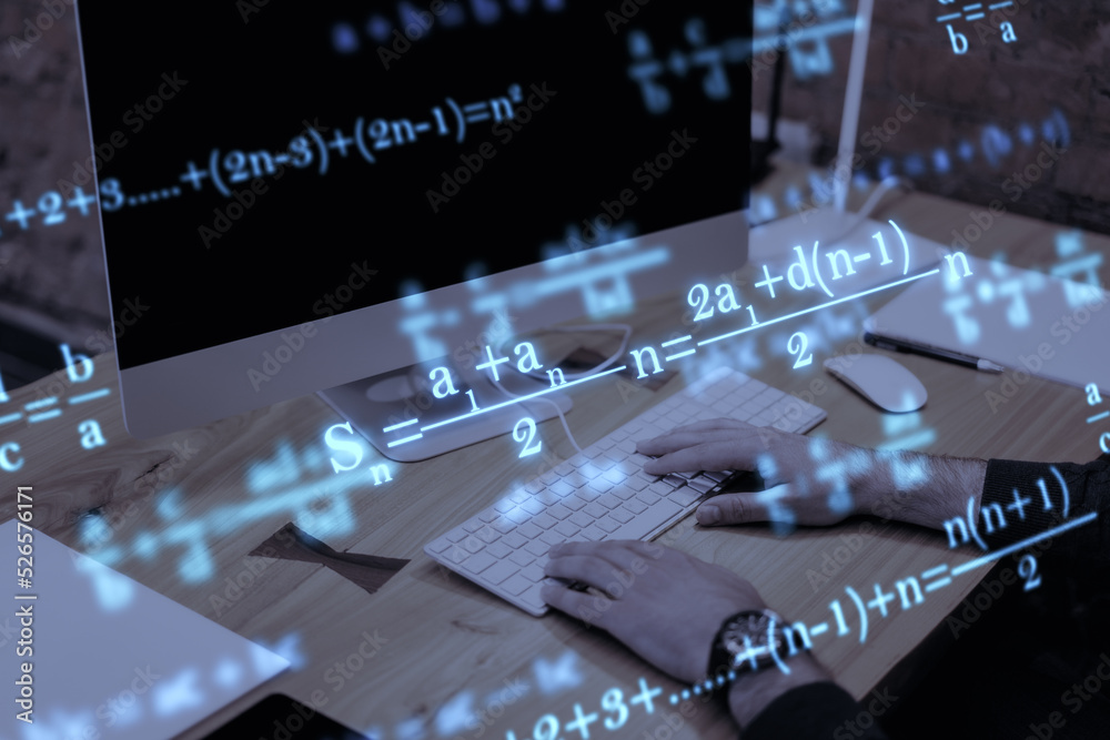 Poster Close up of businessman hands using computer keyboard at workplace with monitor, supplies and glowing mathematical formulas on blue background. Education, knowledge and statistics concept.
