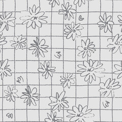 Seamless pattern with hand drawn meadow flowers in Ditzy style. Outlined illustrations on dark background for surface design and other design projects
