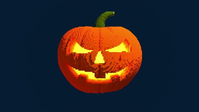 Transformation of a 3D pixel into a digital halloween pumpkin. Seamless looped. NFT concept. 3D animation.