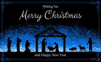 Chritmas Nativity Scene greeting card on blue-black glowing background