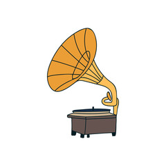 Retro gramophone colorful doodle illustration in vector. Antique gramophone illustration in vector. Gramophone colorful icon in vector.