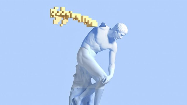 3d glitch of sculpture discobolus. Seamless looped. NFT concept. 3D animation. 4K. Ultra high definition. 3840x2160.