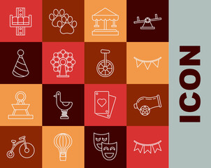 Set line Carnival garland with flags, Cannon, Attraction carousel, Ferris wheel, Party hat, and Unicycle or one bicycle icon. Vector