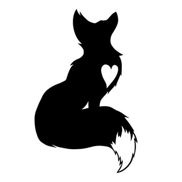 Fox logo with heart. Elegant Stand fox logo art with graceful tail. Design of black fox silhouette animal mascot logo template vector illustration clipart. Vector isolated black and white fox icon. 