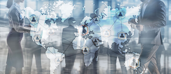 Global Outsourcing Resources Business Internet Technology Concept On city people background - obrazy, fototapety, plakaty