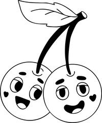 Funny cartoon character of cherries. Retro hippie character
