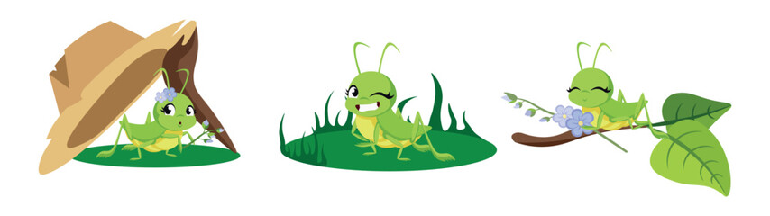 Vector illustration of cute and beautiful grasshoppers on white background. Charming characters in different poses hide under his hat, walk on the lawn, sit on a branch with flowers in cartoon style.