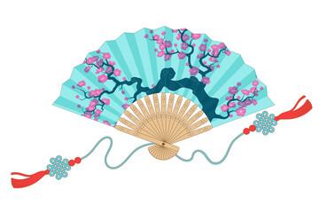 hand fan, oriental folding fan illustration plum blossom pattern with line decoration - obrazy, fototapety, plakaty