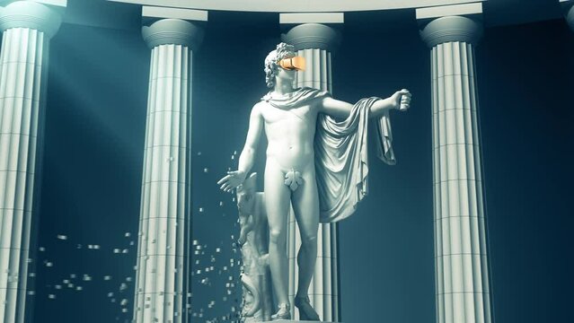Digital Disintegration Of Sculpture Apollo. 4K. 3840x2160. 3D Animation.