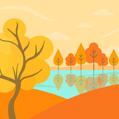 Fototapeta na wymiar Lake in autumn forest , vector fall illustration. Autumn landscape background. Outdoor concept.