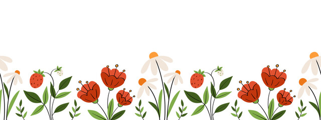 Floral summer border with cute hand drawn poppies, daisies and strawberries on white background. Seamless vector template. Garden flowers for cards, invitations, printing on any surface