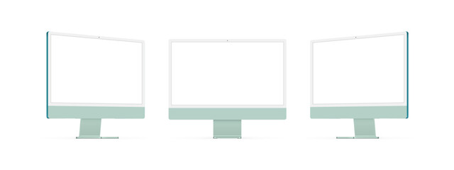 Green Monitors With Blank Screens, Front and Side View, Isolated on White Background. Vector Illustration - obrazy, fototapety, plakaty