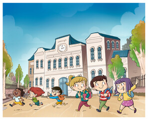 Illustration of children at the school entrance