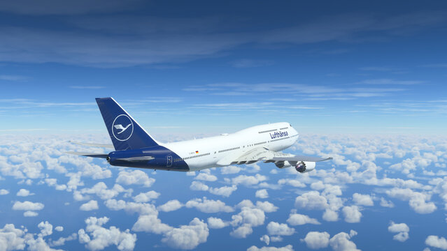Boeing 747 Lufthansa flying over the blue sky, 28 Aug, 2022, Los Angeles, California.