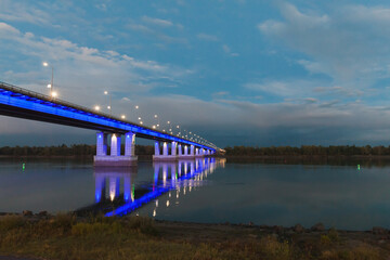 Landscape with The New Bridge at night. Barnaul, Russia