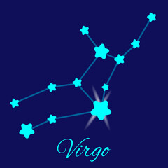 Zodiac sign Virgo against the navy background of the starry sky. Constellation Virgo on blue night background. Astrological zodiac.