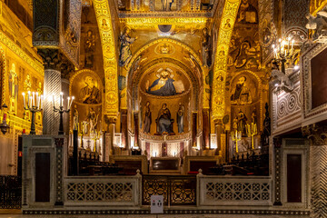 Fototapeta na wymiar Palermo, Sicily - July 6, 2020: Interior of the Palatine Chapel of Palermo in Sicily, Italy