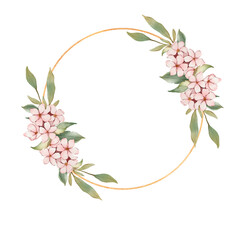hand painted pink flower frame. Watercolor cherry blossom wreath suitable for wedding, invitation, card etc
