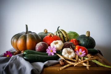 Autumn harvest of various pumpkins and vegetables