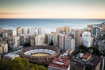 Málaga, Spain, view of the Plaza de Toros and see on a sunset