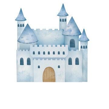 Hand painted illustration of blue castle. Watercolor palace isolated illustration suitable for card, decoration, baby shower, etc