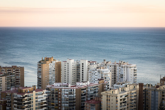 M&aacute;laga, Spain, cityscape with sea on a sunset